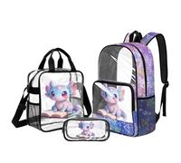 Kuiaobaty Set di 3 zaini trasparenti con scomparto per il pranzo, approvati per la scuola, trasparenti, a pressione ridotta, Kawaii Axolotl, M, Casual
