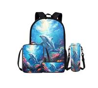 Kuiaobaty Set di zaini con motivo floreale, per adolescenti, lupo, bradipo, zaino leggero per la scuola, borsa per il pranzo, astuccio portamatite, portabottiglie, Delfino blu.