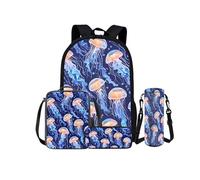 Kuiaobaty Set di zaini per la scuola con grazioso animale, astuccio portapranzo, borsa per il pranzo, 4 pezzi, galassia lupo elementare, borsa, Medusa colorata.