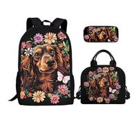 Kuiaobaty Set di zaini per la scuola elementare e media con simpatici cani e fiori, zaino per il pranzo con manico e astuccio, Cocker Spaniel Inglese