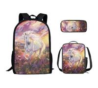 Kuiaobaty Set di zaini per la scuola per ragazze e ragazzi 3 in 1 con borsa per il pranzo e astuccio per scuola media universitaria, Dipingi White Horse