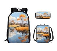 Kuiaobaty Set di zaini per la scuola, per ragazzi e ragazze, con borsa per il pranzo, motivo animali vivaci, zaino leggero con astuccio, Lago Pittura