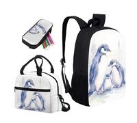 Kuiaobaty Set di zaino 3 in 1 con stampa di animali selvatici, zaino 3 in 1 con borsa per il pranzo, zaino scuola media per bambini, Famiglia di pinguini