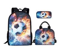 Kuiaobaty Set di zaino per la scuola con stampa 3D Sport con scatola per il pranzo, zaino per libri per bambini, set da 3 pezzi con astuccio, Pallone da calcio sportivo