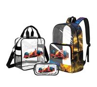 Kuiaobaty Set di zaino per la scuola per bambini 3 in 1 zaino trasparente con borsa per il pranzo e astuccio da 43 cm grande, Auto da corsa Flame, L, Casual