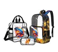 Kuiaobaty Set di zaino per la scuola per bambini 3 in 1 zaino trasparente con borsa per il pranzo e astuccio da 43 cm grande, Squalo fiamma, L, Casual