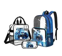 Kuiaobaty Set di zaino per la scuola per bambini 3 in 1 zaino trasparente con borsa per il pranzo e astuccio da 43 cm grande, Trattore Blue Flame, L, Casual
