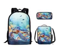 Kuiaobaty Set zaino per la scuola per bambini con borsa per il pranzo e astuccio, zaino leggero da calcio, Pesce Tartaruga Oceano