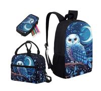 Kuiaobaty Zaino con animali della foresta, coniglio floreale koala, set da 3 zaino per la scuola con creature oceaniche con astuccio portapranzo, Luna Gufo Blu