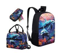Kuiaobaty Zaino con animali della foresta, coniglio floreale koala, set da 3 zaino per la scuola con creature oceaniche con astuccio portapranzo, Coppia Delfino