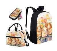 Kuiaobaty Zaino con stampa pinguino, set da 3 pezzi, borsa per libri, zaino casual durevole 3 in 1 con borsa per il pranzo e astuccio, Famiglia di porcellini d'India