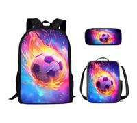 Kuiaobaty Zaino per la scuola di calcio Fire Flame per ragazzi, con stampa 3D di calcio, con portapranzo e astuccio, Pallone da calcio