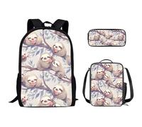 Kuiaobaty Zaino per la scuola per ragazze e ragazzi, set con borsa per il pranzo, astuccio 3 in 1, Bradipi degli alberi