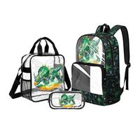 Kuiaobaty Zaino trasparente da 3 pezzi con borsa per il pranzo, 43 cm, zaino scolastico per bambini con tasche laterali, borsa impermeabile, Mecha Triceratopo, M, Casual