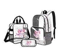 Kuiaobaty Zaino trasparente da 3 pezzi con portapranzo, 43 cm, grande borsa per libri con tracolla Padd per la scuola, Axolotl Astronauta, L, Casual