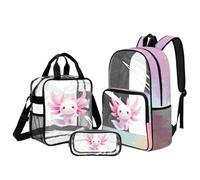 Kuiaobaty Zaino trasparente da 3 pezzi con portapranzo, 43 cm, grande borsa per libri con tracolla Padd per la scuola, Axolotl Galaxy Gradiente, L, Casual