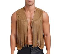 kuiazelit Gilet da cowboy da uomo, stile gotico, steampunk, in finta pelle scamosciata, con nappe sul davanti, stile retrò, costume hippie, cachi, L