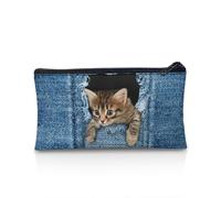 KUIFORTI Astuccio scolastico per bambini e ragazzi, grazioso astuccio per penne, grande astuccio per cancelleria, Gatto tascabile in denim, Taglia unica, Organizer per borse