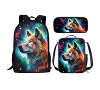 KUIFORTI Set zaino 3 in 1 per bambini, borsa per la scuola, borsa per il pranzo, astuccio regalo per ragazzi e ragazze, Galassia Lupo, Taglia unica, Zaino Scuola