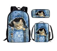 KUIFORTI Set zaino 3 in 1 per bambini, borsa per la scuola, borsa per il pranzo, astuccio regalo per ragazzi e ragazze, Blu Carino Denim Gatto, Taglia unica, Zaino Scuola