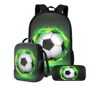 KUIFORTI Set zaino 3 in 1 per bambini, borsa per la scuola, borsa per il pranzo, astuccio regalo per ragazzi e ragazze, Stampa Calcio Verde, Taglia unica, Zaino Scuola
