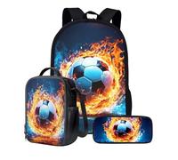 KUIFORTI Set zaino 3 in 1 per bambini, borsa per la scuola, borsa per il pranzo, astuccio regalo per ragazzi e ragazze, Arte Calcio Acqua Fiamma, Taglia unica, Zaino Scuola