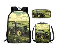 KUIFORTI Set zaino 3 in 1 per bambini, borsa per la scuola, borsa per il pranzo, astuccio regalo per ragazzi e ragazze, Stampa trattore, Taglia unica, Zaino Scuola