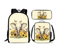 KUIFORTI Set zaino 3 in 1 per bambini, borsa per la scuola, borsa per il pranzo, astuccio regalo per ragazzi e ragazze, Girasole Elefante, Taglia unica, Zaino Scuola