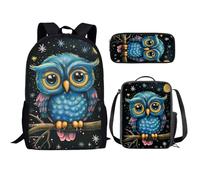 KUIFORTI Set zaino 3 in 1 per bambini, borsa per la scuola, borsa per il pranzo, astuccio regalo per ragazzi e ragazze, Gufo Blu Animale, Taglia unica, Zaino Scuola