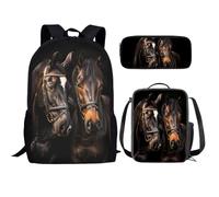 KUIFORTI Set zaino 3 in 1 per bambini, borsa per la scuola, borsa per il pranzo, astuccio regalo per ragazzi e ragazze, Motivo: cavallo marrone, Taglia unica, Zaino Scuola