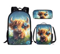 KUIFORTI Set zaino 3 in 1 per bambini, borsa per la scuola, borsa per il pranzo, astuccio regalo per ragazzi e ragazze, Kawai Carino Mucca, Taglia unica, Zaino Scuola