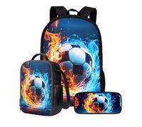 KUIFORTI Set zaino 3 in 1 per bambini, borsa per la scuola, borsa per il pranzo, astuccio regalo per ragazzi e ragazze, Stampa artistica di calcio, Taglia unica, Zaino Scuola