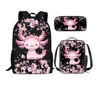 KUIFORTI Set zaino 3 in 1 per bambini, borsa per la scuola, borsa per il pranzo, astuccio regalo per ragazzi e ragazze, Axolotl Cherry Blossom, Taglia unica, Zaino Scuola