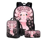 KUIFORTI Set zaino 3 in 1 per bambini, borsa per la scuola, borsa per il pranzo, astuccio regalo per ragazzi e ragazze, Rosa Carino Axolotl, Taglia unica, Zaino Scuola