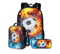 KUIFORTI Set zaino 3 in 1 per bambini, borsa per la scuola, borsa per il pranzo, astuccio regalo per ragazzi e ragazze, Fiamma dell'acqua di calcio, Taglia unica, Zaino Scuola