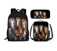 KUIFORTI Set zaino 3 in 1 per bambini, borsa per la scuola, borsa per il pranzo, astuccio regalo per ragazzi e ragazze, Motivo cavallo animale marrone, Taglia unica, Zaino Scuola