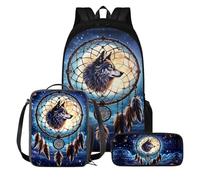 KUIFORTI Zaino per bambini con portapranzo, astuccio per bambini da 7 a 12 libri, zaino grande per la scuola, Acchiappasogni lupo, Taglia unica, Zaino Scuola