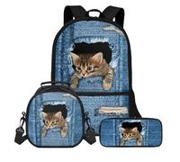 KUIFORTI Zaino per ragazzi e ragazze per libri scolastici 3 in 1 con borse per il pranzo e astuccio per matite per scuola materna elementare zaino casual, Divertente gatto denim, Taglia unica, Zaino
