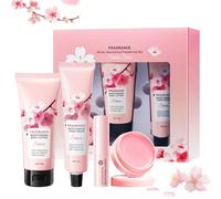 KUIRUNRX® Set per la Cura Della Pelle, Set Bagnoschiuma Regalo Donna con Body Lotion, Crema Mani, Burrocacao Labbra, Crema Idratante, Set per Feste Natalizie per Amici, Mamme, Colleghi, 4 Pezzi