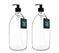 Kuishi Clear Glass Soap Dispenser with Pump [1000ml Pack of 2], Clear Soap Dispenser with Black Plastic Pump (BPA-Free), Glass Shampoo Bottles