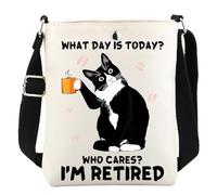 KUIYAI Borsa a tracolla con scritta in lingua inglese "What Day Is Today Who Cares I'm Retired", idea regalo per gli amanti dei gatti (Cares I'm Retired)