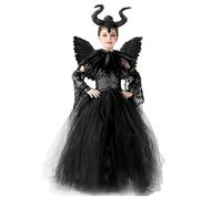 KUJAIS Malefica Costume Bambina: Vestito da Regina Strega Cattiva - Maleficent Abito in Tulle Lavorato a Maglia con Corna Ali Nere e Scialle per Halloween Carnevale Cosplay Festa (L (120-135cm))