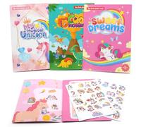 Kujinova 3 Pezzi Stickers Bambini Attacca Stacca, Libro Stickers Bambini, Libri Adesivi Bambini Attacca Stacca, Dinosauri Unicorni, per Bambini e Bambine di 3 4 5 6 7 Anni