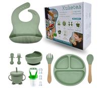 Kuketes - Set Pappa svezzamento in silicone,12 pezzi, senza BPA, piatto con ventosa, tazza antisoffocamento, posate in legno + posate per l'apprendimento del bambino e bavaglino.REGALO CIUCCIO FRUTTA