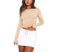 KUKEYIEE Top da Donna Basic a Maniche Lunghe Slim Fit Crop T Shirt Top Y2K Top TikTok Crop Top Club Party E-Girls Streetwear(Apricot-a, L)