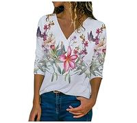 KUKICAT - Maglietta da donna, stile retrò, con scollo a V, con maniche a 3/4, stile casual, casual, per autunno, E bianco, XXL