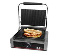 KuKoo - Piastra per Panini Professionale con Griglia Rigata, 2200W, 50-300°C, Acciaio Inox e Griglia in Ghisa per Hamburger, Sandwich con Spazzola Gratis