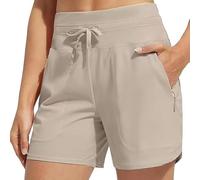 kumosaka Women's Active 7 Inseam Athletic Long Running High Wasistband Shorts, Fast-Drying Lightweight Shorts for Gym Jogging Walking(Khaki,Small)