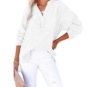 kumosaka Womens Casual Gauze Button Neck Long Sleeve Oversized Blouses Tops, Summer Casual Lightweight Tops Oversized Cotton Blouses(White,L)