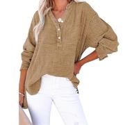 kumosaka Womens Casual Gauze Button Neck Long Sleeve Oversized Blouses Tops, Summer Casual Lightweight Tops Oversized Cotton Blouses(Brown,Small)